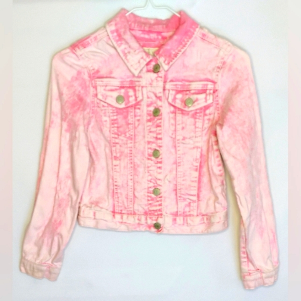 Mudd Girls Stone Washed Denim Jacket Pink & White Stretch Sz 10 Button Down X-3